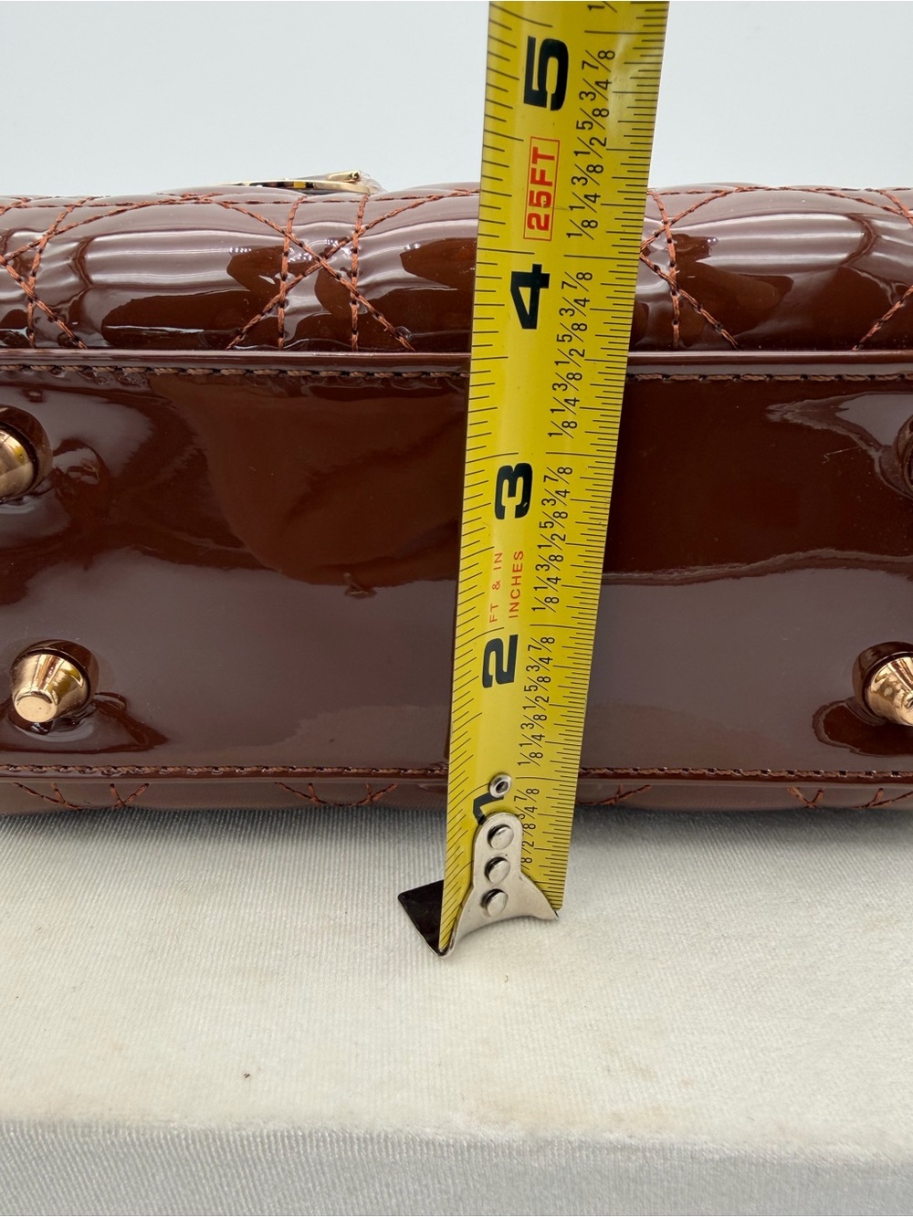 Beautiful, Brown Patent leather mini Bag with Gold Charm - Picture 14 of 15